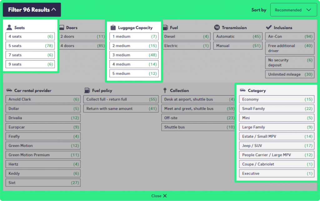 Filtering car rental by seats, luggage, and category.